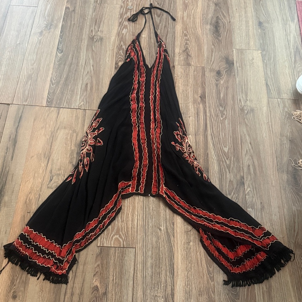Long Black Halter A line Blouse with Red Embroidered Trim
